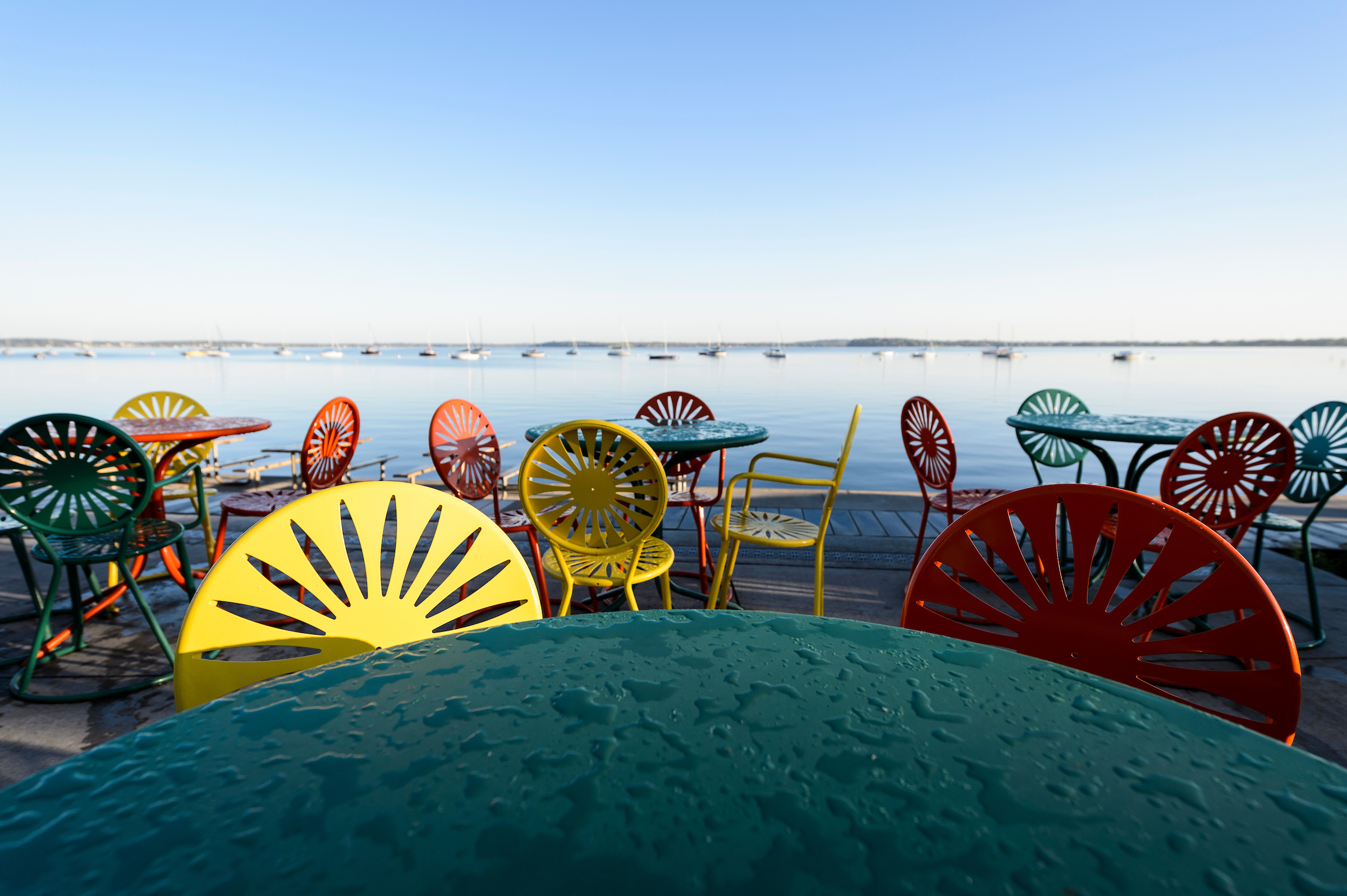 multicolored chairs on the union terrace overlooking Lake Menota
