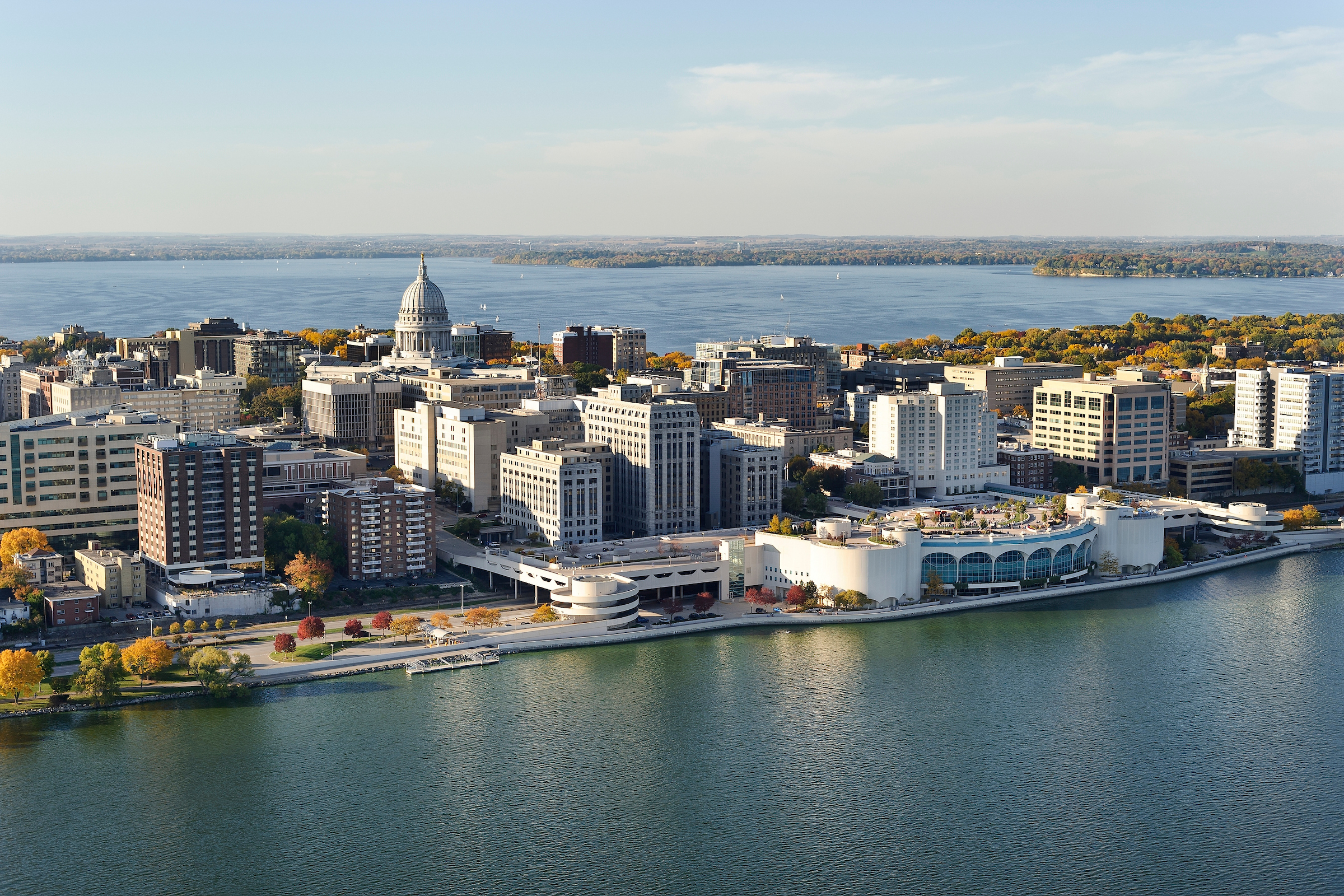 Aerial shot of downtown Madison surrounded by lakes