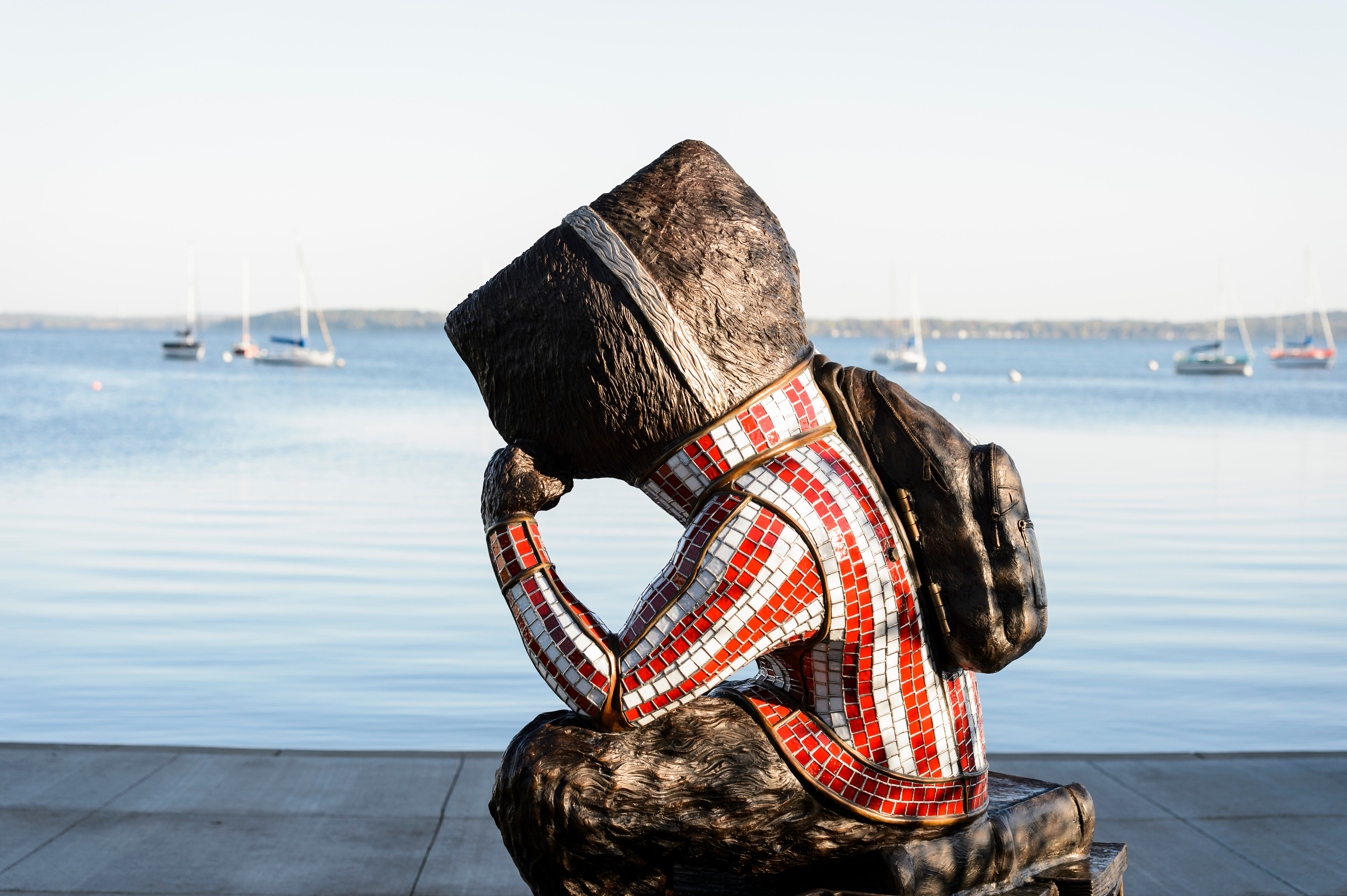 statue of Bucky Badger looks out over the lake